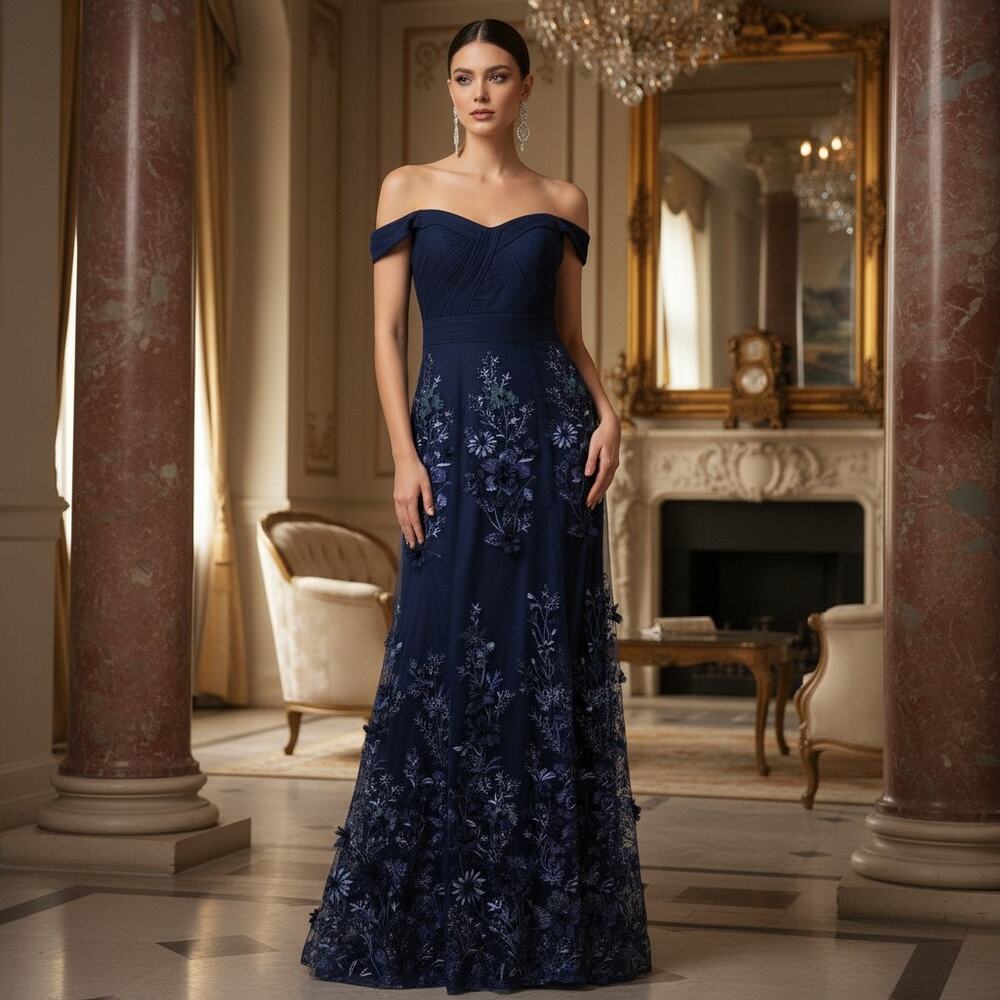 Aidan Mattox by Adrianna Papell Navy Embroidered Evening Gown Size 12 NWT+-